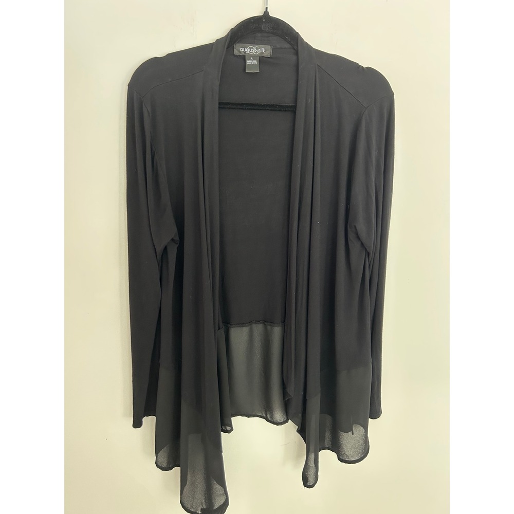 August Silk Black Open Front Cardigan Sheer Chiffon Trim Mixed Media Large